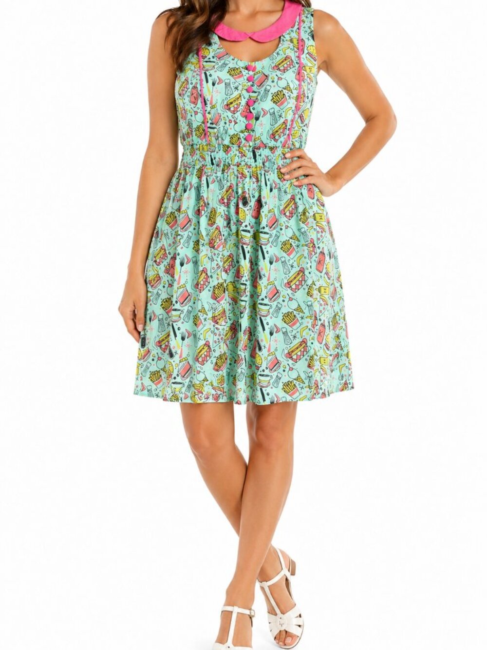 Sourpuss Retro Diner Print Dress Mint Pink Collar Rockabilly Size M